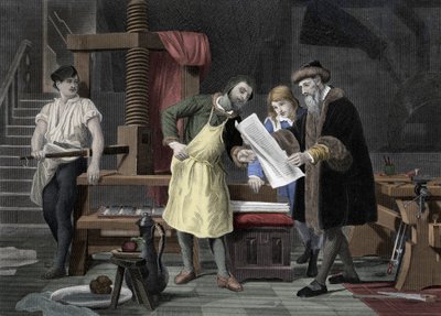 Historie tisku: první test Bible vytištěný tiskem Johannese Gensfleische Gutenberga (1400-1468) reprezentovaný Johannem Fustem (1400-1466) - 1453 První korekturní list z Gutenbergovy tiskárny od Unknown artist