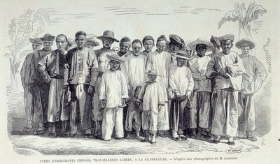 Historie francouzských kolonií: Čínští přistěhovalci pracující na Guadeloupe. Kresba podle fotografie Chartres musee des Beaux Arts z konce 19. století od Unknown artist