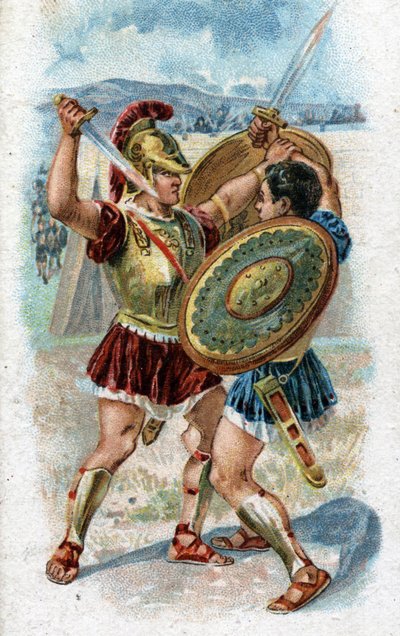 Historie života Achilla, legendárních hrdinů trojské války: Achilles bojující s Hektorem, aby pomstil smrt Patroklesa. Chromolitografie z roku 1890. od Unknown artist
