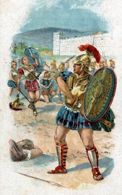 Historie života Achilla, legendárních hrdinů trojské války: Patroklos dostane od Achilla povolení zachránit Řeky tím, že bude nosit své zbraně. Zabije ho Hector, který vezme Achillovy zbraně jako kořist. Chromolitografie z roku 1890. od Unknown artist