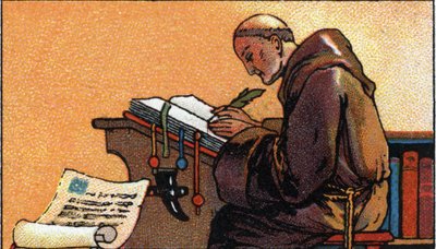 Dějiny písma: mnich kopista kopírující rukopisy ve středověku, začátek 20. století (chromo) od Unknown Artist