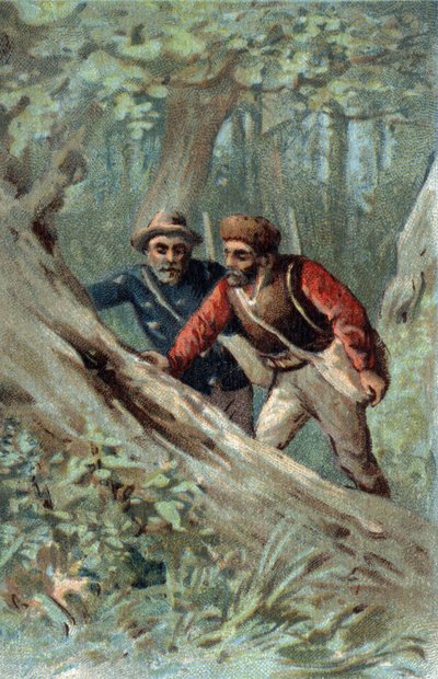 Lovci medu v Kanadě hledají rojový strom. Chromolitografie konce 19. století. od Unknown artist