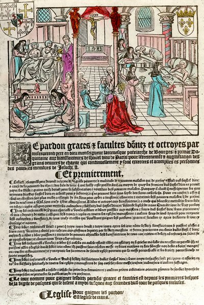 Špitál v 16. století: Odpustkový list (vpravo: scéna z nemocnice. Agauche: umírající a mrtví). Rytina 16. století. Soukromá sbírka. od Unknown artist