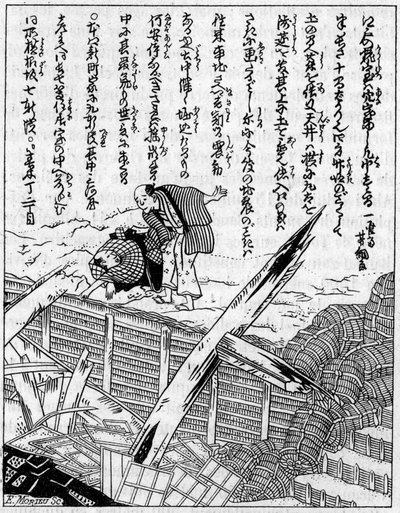 Dům zničený zemětřesením. Fac simile (Fac-simile) rytina z japonského díla o zemětřesení. Rytina v „“ La Nature: revue des sciences et de leurs applications aux arts et a l