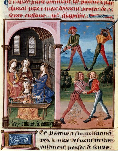 Jak by rodiče měli myslet na své děti; děti Octaviana se učily rytířství a práci s vlnou““ Miniatura převzata z „“Le livre de bonnes moreurs de Jacques Legrand“““ od Unknown artist