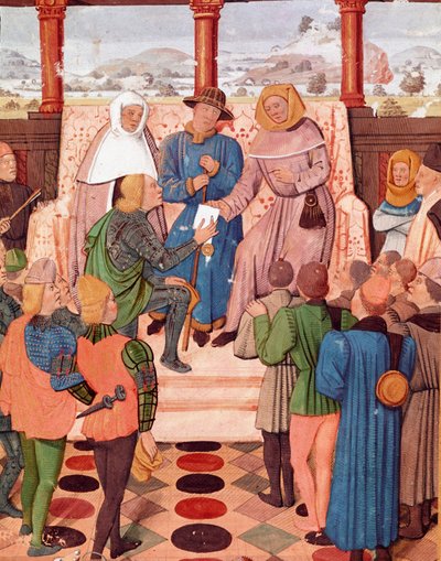 Stoletá válka: „“ Karel VII. (1403-1461) předkládá dokument Joaně z Arku (1412-1431)““ Miniatura z rukopisu „“ Le Jouvencel““ od Jana V. z Bueil (1406-1477), společníka Johanky z Arku, hlásící obléhání Orleansu. 1461-1468 královský knihovník od Unknown artist