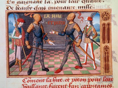 Stoletá válka: „Etienne de Vignoles nebo Vignolles dit La Hire (Lahire) (1390–1443) a Jean Poton, pán Xaintrailles (nebo Saintrailles) (v. 1400 až 1461), společníci Johanky z Arku, se stali kapitány “” Iluminovaná miniatura z rukopisu “” Vig od Unknown artist