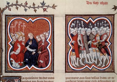 Stoletá válka: „Vlevo budoucí delfín Karel V. moudrý (1338-1380) (v této době regent) a radní generálních stavů nařídili po bitvě u Poitiers v roce 1356 osvobození jeho otce Jana II. byl obklopen Etienem od Unknown artist