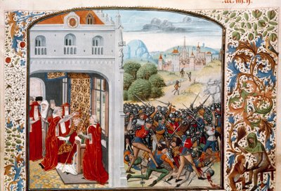 Stoletá válka: „“ Papež Gregoire XI (1329-1378) korunoval Avignon v roce 1370. Bitva o Pontvallain mezi Francouzi a Angličany 4/12/1370““ Miniatura z „Kroniky““ od Jeana Froissarta (1337-1400) Paříž 15. století. B.N. od Unknown artist