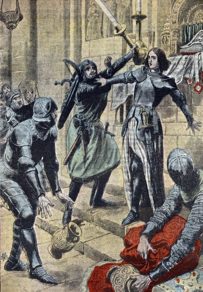Stoletá válka: "Vyobrazení francouzské hrdinky Jany z Arku (1412-1431), která brání vojákům Karla II. d