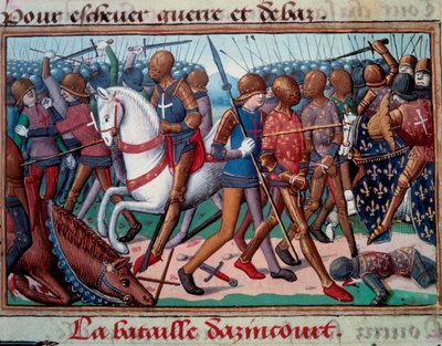 Stoletá válka: “” Bitva u Agincourtu dne 25. 10. 1415”” Miniatura z rukopisu “” Vigiles krále Karla VII”” od Martiala d