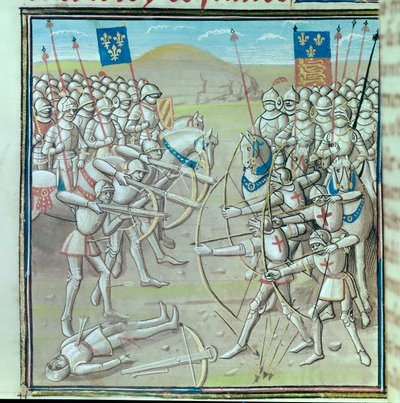 Stoletá válka: Bitva o Crecy dne 26.08.1346 mezi Francouzi a Angličany. Miniatura z rukopisu ze 14. století Paříž, Bibliotheque de l