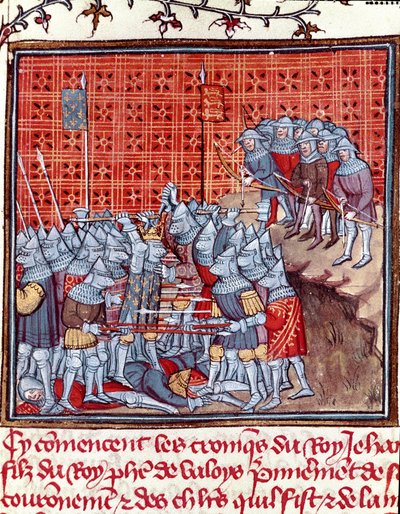 Stoletá válka: „“ francouzský král Jan II. Dobrý (1319-1364) během bitvy“““ Miniatura převzatá z „“Les grandes Chronicles de France“““ od Jeana Froissarta (1337-1400) Chantilly ze 14. století , Musee Conde od Unknown artist