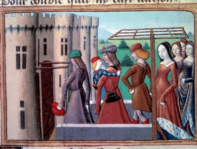 Stoletá válka: delfín a budoucí král Karel VII. se vrací do Paříže poté, co uprchl do Bourges v době občanské války mezi Armagnaky a Burgundy dne 29. 5. 1418, června 1418. Miniatura z „“ Vigilles du roi Charles VII “” od Martial d