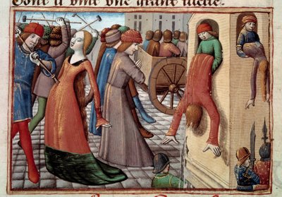 Stoletá válka: masakr Armagnaků Burgundy dne 29. 5. 1418 během občanské války. Miniatura z „Vigilles du roi Charles VII““ od Martiala d