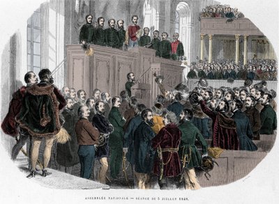 Maďarská revoluce 1848: První zasedání Národního shromáždění v Maďarsku dne 5. července 1848. Rytina v „Hungary Historique od J. Boldenyi Paris 1853““ od Unknown artist
