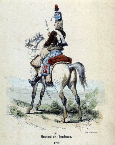 Hussard de Chamborant z roku 1793 na koni. od Unknown artist