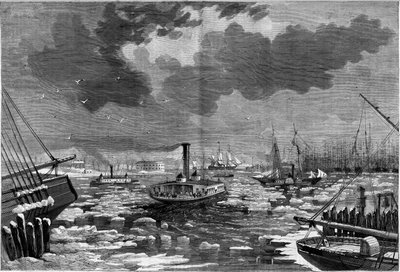 Ledový debakl v New Yorku (New York), Spojené státy americké (Spojené státy americké) při pohledu z východní řeky. Gravírování do „“The Illustrious Universe““ od Unknown artist