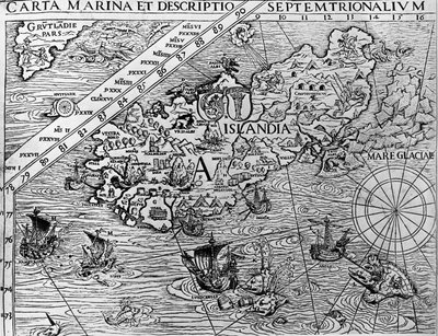 Island, cca 1539, detail z přístavu Carta od švédského arcibiskupa Olause Magnuse (1490-1557) od Unknown artist