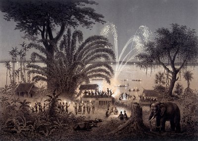 Osvětlení řeky během festivalu Bassac, siamský Laos. V „“Atlasu průzkumné plavby v Indočíně uskutečněné v letech 1866-1868““ vydaném pod vedením F. Garniera 1873. od Unknown artist