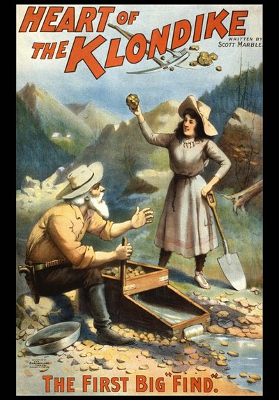 Ilustrace zobrazující hledače zlata na Klondiku. Srdce Klondiku od S. Marble. Plakát z konce 19. století. od Unknown artist