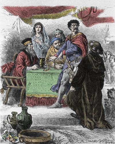 Ilustrace pro „Ivanhoe“ od Waltera Scotta (1771-1832), skotského spisovatele: Ivanhoe je napaden saským rytířem Brianem de Bois Guilbertem. od Unknown artist