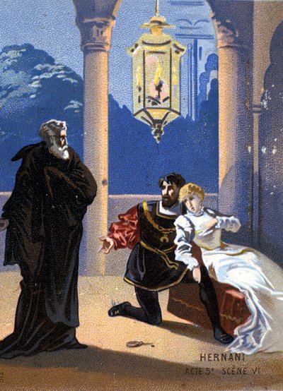 Ilustrace „Ernani“ od italského skladatele Giuseppe Verdiho (1813 - 1901), dějství V, scéna 6, opera vytvořená v roce 1844 po tragédii Victora Huga „Hernani“. chromolitograf z konce 19. století. od Unknown artist