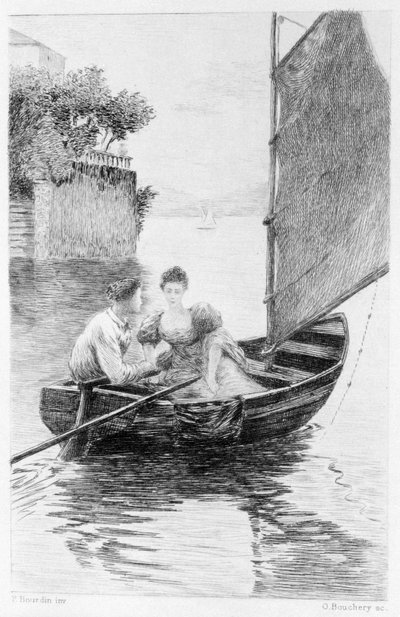 Ilustrace „Červená a černá“ od Stendhala. 1830. Julien Sorel a Madame de Renal zastoupeni na plachetnici. Rytina z konce 19. století. od Unknown artist