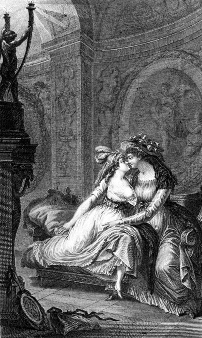 Ilustrace „Nebezpečné vazby“ od Choderlose de Laclose (1741 - 1803): scéna osvobození mezi dvěma ženami. od Unknown artist
