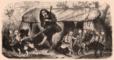 Ilustrace legendy podle bretaňských tradic: hráč na laoské dudy a goblini tančící před dolmenem od Unknown
