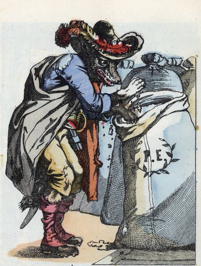 Ilustrace příběhu „Compere le Loup, Maitre Renard, Comere la Chevre et ses petits biquets““ podle bajky Jean de la Fontaine. V „“ Pohádky z domova pro nejmenší““. Anonymní rytina 19. století. od Unknown artist