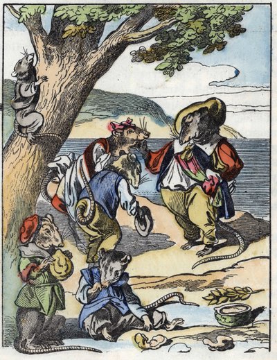 Ilustrace příběhu „Strašný Raminagrobis a myši“““ postava kreslí bajky Jeana de la Fontaina. V „“ Pohádky z domova pro nejmenší““. Anonymní rytina 19. století. od Unknown artist
