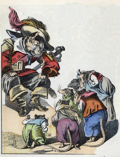 Ilustrace příběhu „Strašný Raminagrobis a myši“““ postava kreslí bajky Jeana de la Fontaina. V „“ Pohádky z domova pro nejmenší““. Anonymní rytina 19. století. od Unknown artist