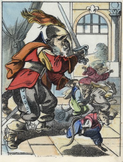 Ilustrace příběhu „Strašný Raminagrobis a myši“““ postava kreslí bajky Jeana de la Fontaina. V „“ Pohádky z domova pro nejmenší““. Anonymní rytina 19. století. od Unknown artist