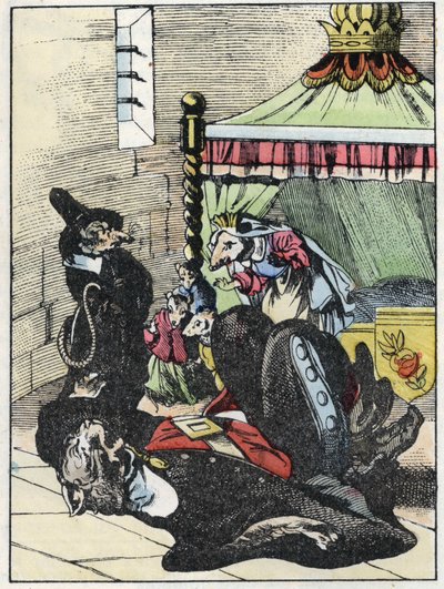 Ilustrace příběhu „Strašný Raminagrobis a myši“““ postava kreslí bajky Jeana de la Fontaina. V „“ Pohádky z domova pro nejmenší““. Anonymní rytina 19. století. od Unknown artist