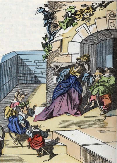 Ilustrace příběhu „Strašný Raminagrobis a myši“““ postava kreslí bajky Jeana de la Fontaina. V „“ Pohádky z domova pro nejmenší““. Anonymní rytina 19. století. od Unknown artist