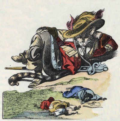 Ilustrace příběhu „Strašný Raminagrobis a myši“““ postava kreslí bajky Jeana de la Fontaina. V „“ Pohádky z domova pro nejmenší““. Anonymní rytina 19. století. od Unknown artist