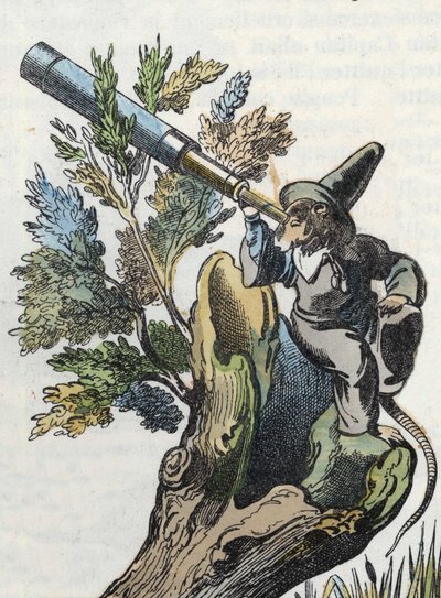 Ilustrace příběhu „Strašný Raminagrobis a myši“““ postava kreslí bajky Jeana de la Fontaina. V „“ Pohádky z domova pro nejmenší““. Anonymní rytina 19. století. od Unknown artist