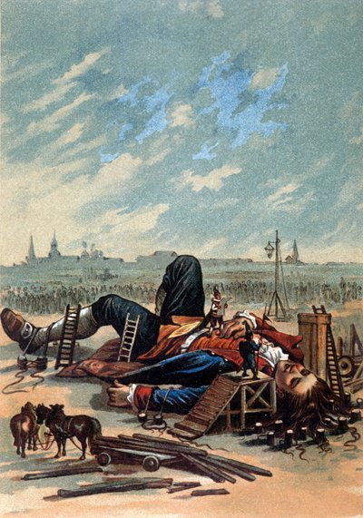 Ilustrace zobrazující liliputány připevňující Gullivera. Chromolitografie, sd. Konec 19. století. od Unknown artist