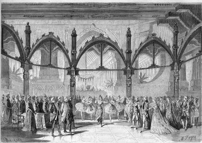 Císařské divadlo Komické opery: Scéna IV, II. dějství opery „První den štěstí“ od Daniela Francoise Esprita Aubera (1782-1871). Gravírování do „“The Illustrious Universe““ od Unknown artist