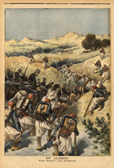 V Alžírsku prapor organizovaný celým praporem Zouaves, posíleným kavalérií, aby zajal Areskiho ben Bashira, třikrát odsouzeného k smrti alžírským soudem. Rytina v „“ Le petit journal““ 23. 12. 1893. Selva sbírka. od Unknown artist