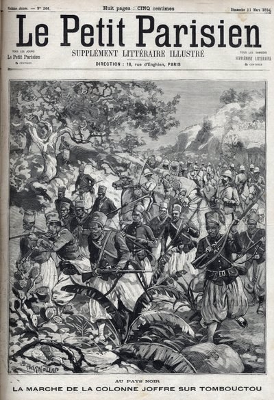 Ve francouzských koloniích: pochod kolony generála Josepha Joffreho (1852-1931) a jeho armády spahisů na Timbuktu (Mali). Gravírování v „“Le Parisien““ od Unknown artist