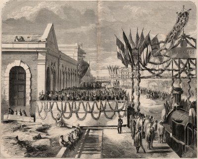 Slavnostní otevření železnice z Toulouse do Sete v roce 1857. Rytina v „Le Monde illustrious““ z roku 1857. Soukromá sbírka. od Unknown artist