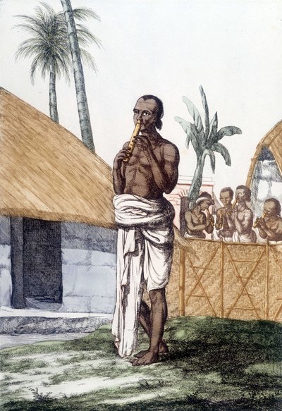 Indická kultura a civilizace: hudebník hrající na flétnu bansuri, tradiční hudební nástroj, Indie. Rytina 1808. od Unknown artist