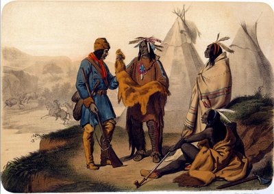 Indiáni Ameriky: traper směňující se s Red skins, vyměňují si slupky z řepy, jeden z Indiánů kouří chobotnici. Litografie z 19. století La Rochelle, Musee du Nouveau Monde od Unknown artist