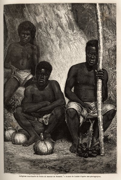 Domorodý obchodník s ovocem na trhu Noumea (Nová Kaledonie). Rytina k ilustraci plavby do Nové Kaledonie v letech 1863 až 1866 od Julese Garniera, stavebního inženýra dolů, v „Le tour du monde, nouveau journal des voyages“ vydaném pod hrozbou od Unknown artist