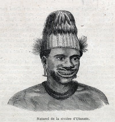 Domorodí obyvatelé Nové Guineje (Nová Guinea): přírodní z řeky Utamate. Gravírování v „The Illustrous Universe“ od Unknown artist