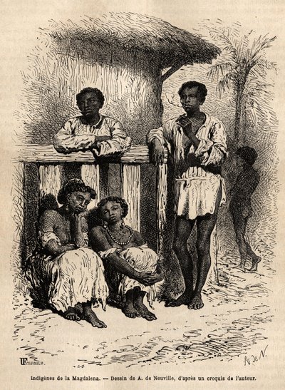 Domorodí obyvatelé Magdaleny (řeky), v ulicích města Mompox (Kolumbie). Rytina k ilustraci plavby do Nové Granady, od Dr. Saffraye, v roce 1869, publikovaná v “”Le tour du monde”””” 1872, editoval Edouard Charton, vydání Hachette, od Unknown artist