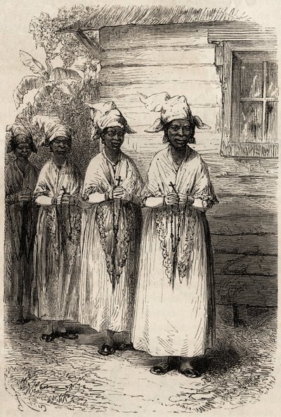 Domorodé ženy z Guayany v katolickém průvodu Fete Dieu. Rytina k ilustraci plavby ve Francouzské Guyaně v letech 1862-1863 od Frederica Bouyera, kapitána fregaty, v „“ Le tour du monde, nouveau journal des voyages“, publikovaném pod r. od Unknown artist