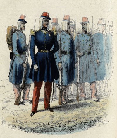 Pěchota francouzské armády v roce 1830 v Alžírsku, důstojník, poddůstojníci a vojáci, V „“L